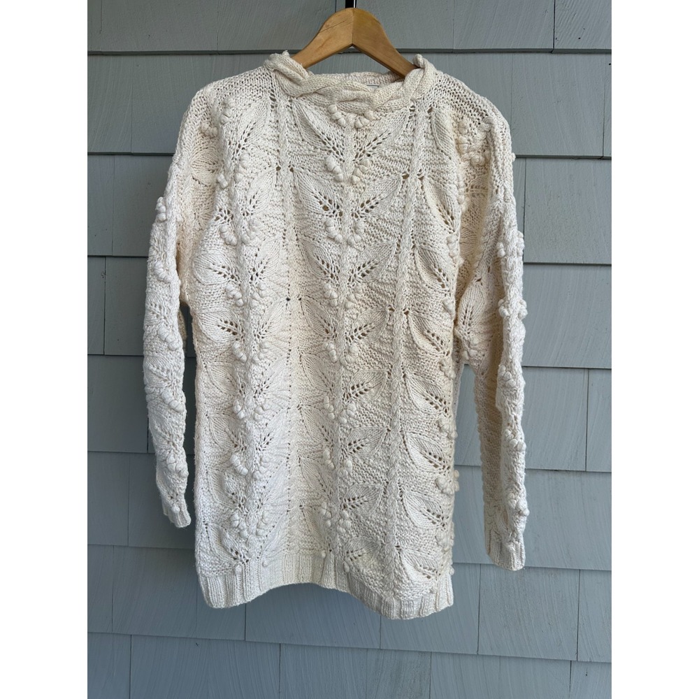 Vintage 90s Express Tricot Handknit Botanical Oversized Sweater Cream XS